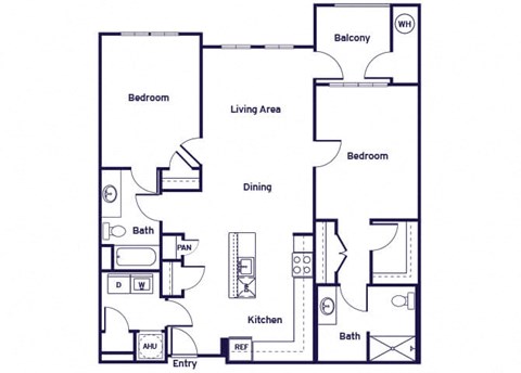 Two bedroom two bathroom floor plan at Riverwoods at Lake Ridge in Woodbridge VA